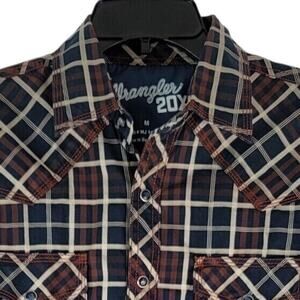 Wrangler 20X Western Shirt Mens Medium Brown Blue Plaid Long Sleeve Pearl Snap